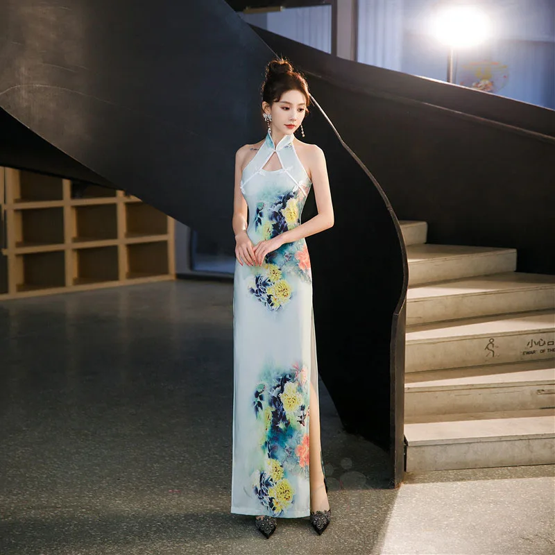 Zelena Modra Kitajski Državni Cheongsam Ženske Poletje Seksi Backless Obleko brez Rokavov Cvetlični Vintage Obleko Dolgo Qipao S 5XL