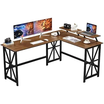 L Oblikovan miza z 2 Stojalo za Zaslon, kar 63,8 palčni Reverzibilna Kotu Računalniški Mizi, Crafting Tabela Prostori za Shranjevanje, Enostavno Montažo