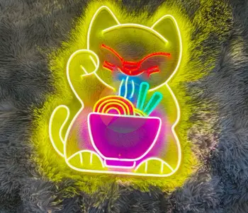Mačke jedo Rezanci Neonskih napisov, ki Meri Srečen Mačke Neonskih napisov, Trgovina Neonskih napisov, Restavracija Neonskih napisov, Snack Bar Neonskih napisov, Bar