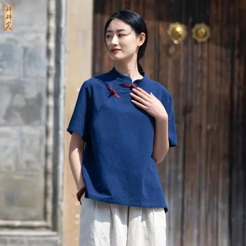 2024 Bombaž Perilo Poletje Udobno Žensk, Etničnih Oblačila T-Majica Retro Tradicionalni Kitajski Femal Vrh Svoboden Hanfu Tang Obleko