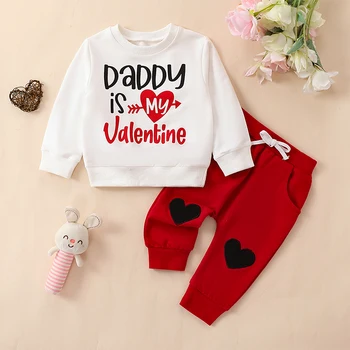 Malčka Baby Dekle valentinovo Obleko Očka je Moj Valentine Majica Srce Ljubezni, Dolge Hlače 2Pcs Oblačila, ki