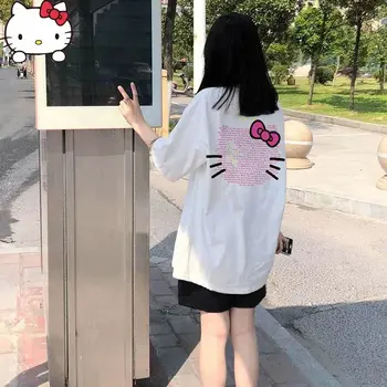 Sanrio Oblačila Hello Kitty Nove T-shirt Grafiti Design Poletje Kratek Rokav T-majice Ženske Vrhovi Sladko Y2k Svoboden Elegantna Tee Majice