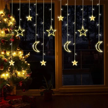 138 Led Zavese Luči Božič Luna Star Okno Pravljice Niz Luči 220V za Notranje Okno Teras Otrok Spalnica Dekoracijo