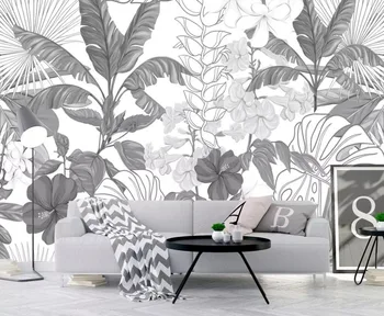 Velikosti po meri črno in belo tropskega deževnega gozda banana listov vrt ozadje spalnica, dnevna TV ozadju stene 3d ozadje