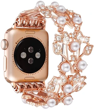 Kovinski pearl trak Za Apple watch 6 5 4 3 2 MP 44 42mm 40 mm Ženske elastične lepe trak Za iwatch Ultra 49 mm 8 7 45mm 41mm