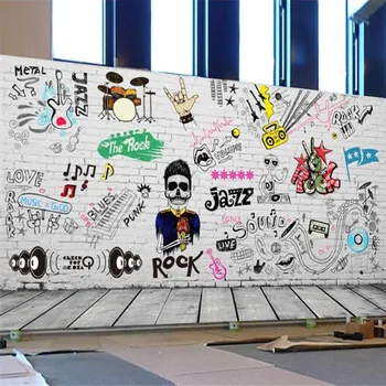 Po meri Lesena Tla Beli Zid Grafiti Rock Jazz Glasbo Temo Stene Papirja 3D Glasbeni Studio Bar, Restavracija Zidana Ozadje 3D