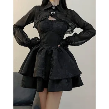Ženske Gotike Black Lolita Obleko Kawaii Letnik Mini Sundress Harajuku Halloween Cosplay Kostume Dolg Rokav Pravljice Obleko Ženska