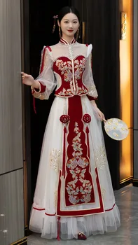 Novo Vezenine Zlata Ribica Nevesta Kostum Toast Oblačila, Elegantno Poročno Obleko Letnik Tradicionalne Kitajske Ženske Zveze Set