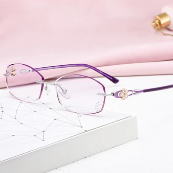 Luksuzni Design Ženske Rimless Očala Kristalno Gradient Coloed Leče, Ultravijolični Žarki Kratkovidnost Daljnovidnost Očal Okvir