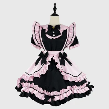Anime Gothic Lolita JSK Obleko Kratek Rokav Kawaii Lok Devica Stranka Obleke, Cosplay Mačke Dekle Harajuku Srčkan Roza Ruffles Črna