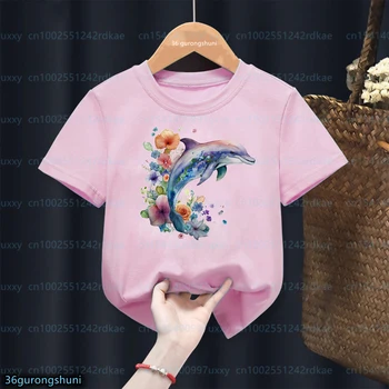 Kawaii Girls' T-Shirt Srčkan Morskega Življenja Rib, Delfinov Živali Tiskanja Deklice Modnih Oblačil, Otroci Baby Tshirt Roza Deklice Oblačila