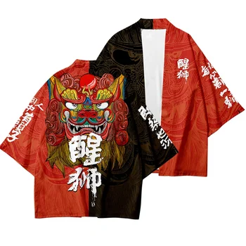 Kimono 3D Tiskanja Kitajski Lev Jopico Majica Haori Plašč Stranka Vrhovi Ulične Majica Harajuku Japonski Jopico Cosplay Kostum