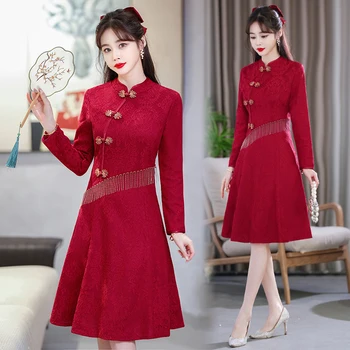 Luksuzni Ženska Večer Qipao Obleko Jeseni Dolg Rokav Kitajski Slog Tradicionalnih Izboljšano Cheongsam Harajuku Poroka Obleke CNY