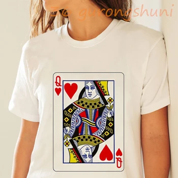 Novo poletno igranje kart Q print majica s kratkimi rokavi Ženske Harajuku estetike Tanke Oddelek Poker Tshirt osebnost Beli Vrhovi tee oblačila
