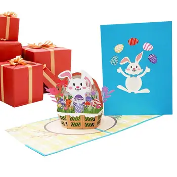3D Pop-Up Zajček Cvetna Košarica Velikonočni Srčkan Živali Voščilnice Za Srečen Rojstni dan Otroci Baby Tuš Z Ovojnico Za Otroke