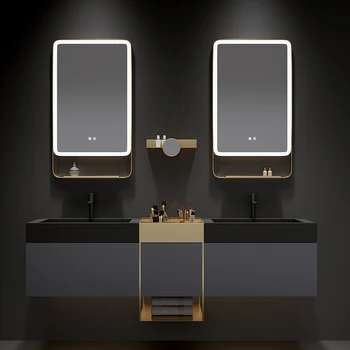 Hrast toaletnih make-up dvojno bazena, kopalnica, kabinet, v kombinaciji z rock plošča