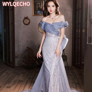 Modra 2023 Nove Luksuzne Off Ramenski Večerne Obleke Ženske Beading Velik Lok Dolgo Formalno Cheongsam Banket Maturantski Obleki