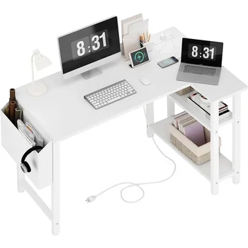 Bela L Oblikovan Računalniški Mizi Z Vtičnico Policah 40 cm Majhen Kotiček Desk za Majhen Prostor, Home Office Brezplačno