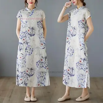2024 kitajske tradicionalne cheongsam obleko nacionalni bombaž perilo qipao obleko retro cvjetnim tiskanje obleko orientalski etnične qipao