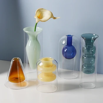 Cvet Vazo za Poročno Dekoracijo Doma Dvojno Steno Borosilicate Valj Hydroponic Steklene Vaze Centerpieces Nordijska Estetske