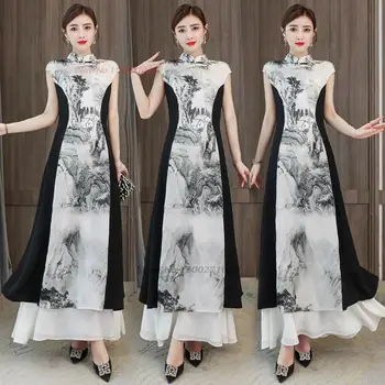 2024 tradicionalni kitajski vintage obleko izboljšano qipao nacionalni cvet tiskanja cheongsam obleko retro banket večerno obleko vestido
