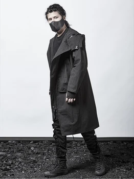 Japonski Temno Jarek Plašč Osebnost Cape Hooded Suknjič Moda za moške Asimetrični Design Nad Kolena Robe