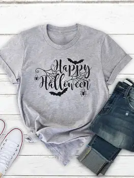 Ženske T Shirt Pade Jeseni, O-vratu Oblačila Halloween Pismo Pajek Trend 90. letih Zahvalni Tiskanje Vrh Lady Graphic Tee T-shirt