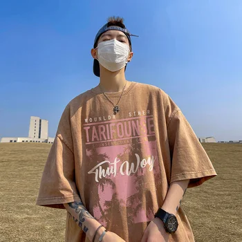 Poletje Evropske in Ameriške Feng Shui Oprati Stare Kratek Rokav Visoke Ulične Hip Hop Svoboden Moda Pol Rokav T-shirt za Moške