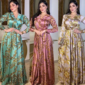 Ramadana arabski Dubaj Muslimanskih Tiskanja Obleke za Ženske 2023 Poletje Dolg Rokav tam kaftan Maxi Obleko Eleganten Stranka Vestidos
