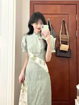 2024 novi kitajski slog cheongsam orientalski qipao mladi slog slim zelena moderne dnevne qipao obleko lady ljubek obleko hanfu