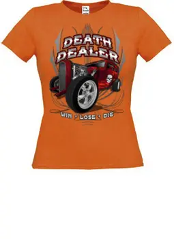 Ženske T Shirt V Oranžno S Hot Rod- & NAS Carmotiv Model Smrti Prodajalca