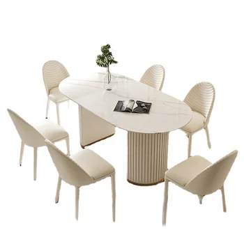 Sodobna marmorja ovalno jedilno mizo gospodinjskih malih družinskih svetlobe luksuzna krema slog je restavracija mizo in stol kombinacija