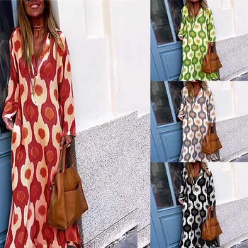 2023 Jeseni in Pozimi Žensk Nov Modni Geometrijski Vzorec Edinstveno Natisnjeni Proti-Vrat Dolgimi Rokavi Ženske Dolga Obleka Gleženj Obleko