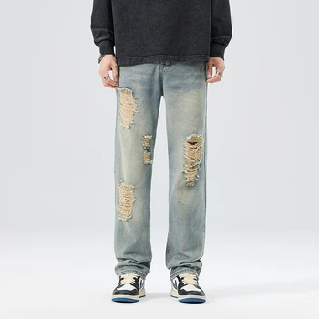 2023 Jeseni Ameriški Vibe High Street Jeans za Moške Retro, obrabljen, obrabljen, Vsestranski Priložnostne Dolge Hlače