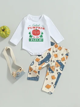 Ljubka in Udobna Halloween Buče Tiskanja Romper in Hlače Set za Stilsko Dojenčke - Čudovit 2 Kosa Obleko za Vaš malček