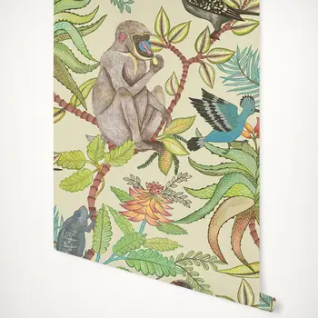 Domiseln jungle živali Ozadje s baboon, kameleon in eksotičnih ptic proti smetano ozadju, Nordijska Stene papirja SAVUTI
