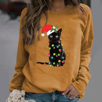 Tiskanje Ženska Božič Dolgimi Rokavi Pulover Vrh Hoodies Bluzo Luštna Mačka Tiskanja Površniki Korejski Ulične Sweatshirts