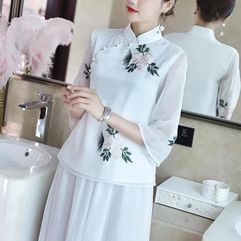Bela Cheongsam Vrh Ženske Kitajska Majica Letnik Zen Tang Bo Ustrezala Nacionalni Slog Vezenje Elegance Modna Sodobni Kitajski Oblačila