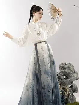 Nove Kitajske Dinastije Ming Hanfu Žensk Izboljšana Izdaja Kitajski Slog High end Saten Majico Natisnjeno Kaligrafija Konj Obraz Krilo