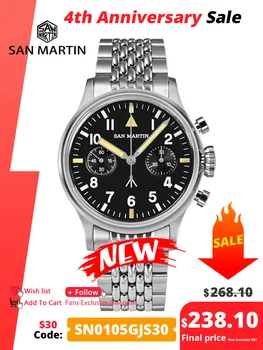 San Martin za 38,5 mm Moški Kronograf Pilotni Watch Luksuzni ST1901 Ročne Mehanske Preproste Vojaške Flieger Safir 10 ATM Svetlobna