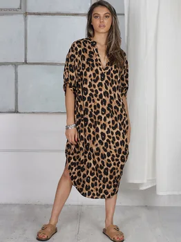Bohemian Leopard Pika Natisnjeni Svoboden Plaža Obleko Ženske Kopalke Pokrov-ups Seksi V Vratu Tunika Elegantne Obleke, Obleke Počitnice