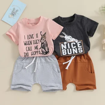 Malčka Baby Girl Boy Hlače Določa Velikonočni Obleke Poletje Obleko Pismo Zajček Natisniti T-Shirt Kratek Rokav z Barva Hlače