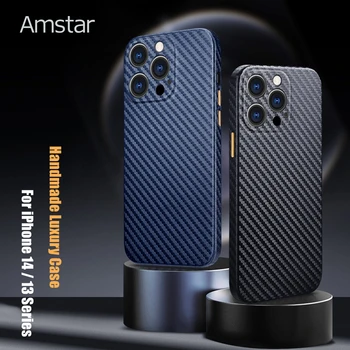 Amstar Ogljikovih Vlaken Vzorec Usnje Primeru Telefon za iPhone 14 13 Pro Max 14 Plus Primerih Luksuznega Usnja Objektiv varstvo primeru Telefon