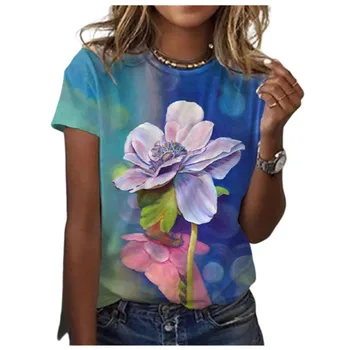 Poletje 3D ženska Moda in Ženske Kratke oplaščeni T-shirt O-vratu Poliester Tiskanje Cvetlični Priložnostne Svoboden Vrh Urban Elegantna Oblačila