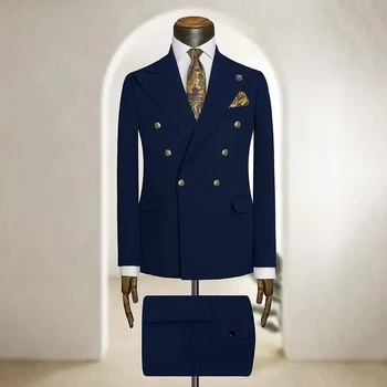 Moda Mornarsko Modra Oblačila Za Moške Dvojno Zapenjanje Poslovnih Jopič Poroko Ženina Jopičem 2 Delni Komplet Jakna Hlače Kostum Homme