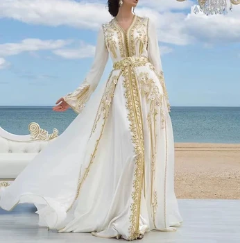 2024 Luksuzni Beli Šifon Dolg Rokav Večerne Obleke Arabski MuslimGolden Čipke Appliques Maroški Dubaj Mati Obleke