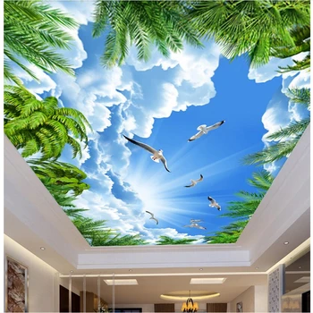 Ozadje po meri 3d zidana kokosovo drevo, modro nebo, beli oblaki galeb strop zenit zidana dnevna soba, spalnica ozadje 3d zidana
