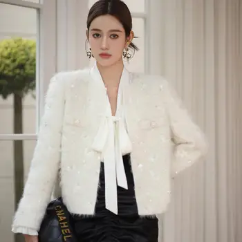 Blagovne Znamke Luksuzni Tweed Sequins Cvet Elegantne Ženske Belo Jakno Plašč 2023 Jeseni Nove Dolg Rokav Blazerji Koean Moda Nova