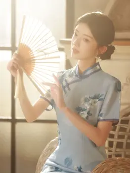 Ženske, Modro Cvjetnim Tiskanja Cheongsam Poletje Kratek Rokav Vintage Slim Qipao Kitajski Slog Sodobnega Kostumi