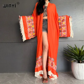 WINYI visoke kakovosti Etnične Vezene Resast, Dolgo Obleko Boho Počitnice na plaži na Plaži Kritje Ups za Kopalke Ženske Afriki Kimono